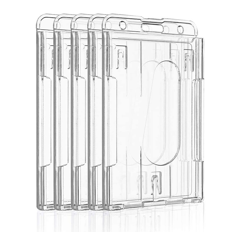 Pawfly 5 Pack Vertical 2-Card Badge Holder with Thumb Slot Hard Transparent PC Case Protector for Office School IDs Credit Cards Driverâ€™s Licenses and Passes - Image 1